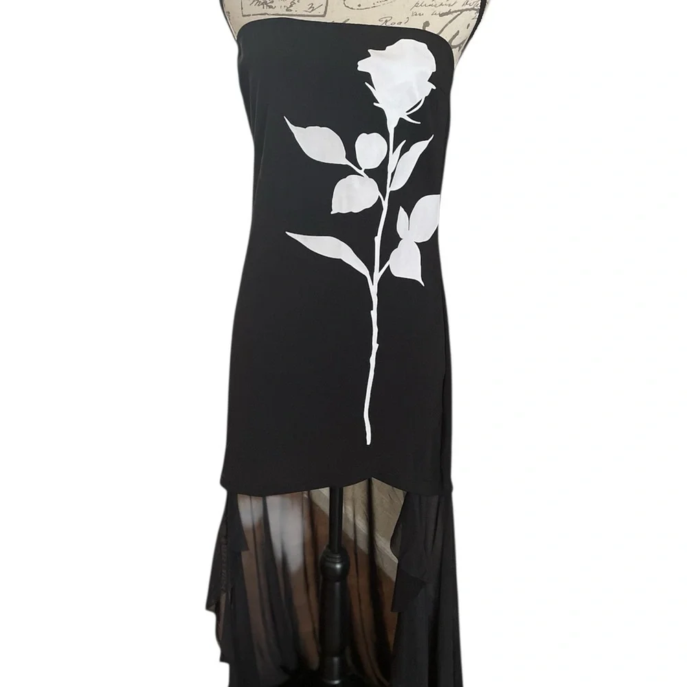 Black Mini Tube Dress with White Floral Detail & Sheer Ruffle Train - Picture 13 of 13